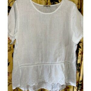 Terzo Millennio White Linen Top Eyelet Hem Summer Size Large Women's